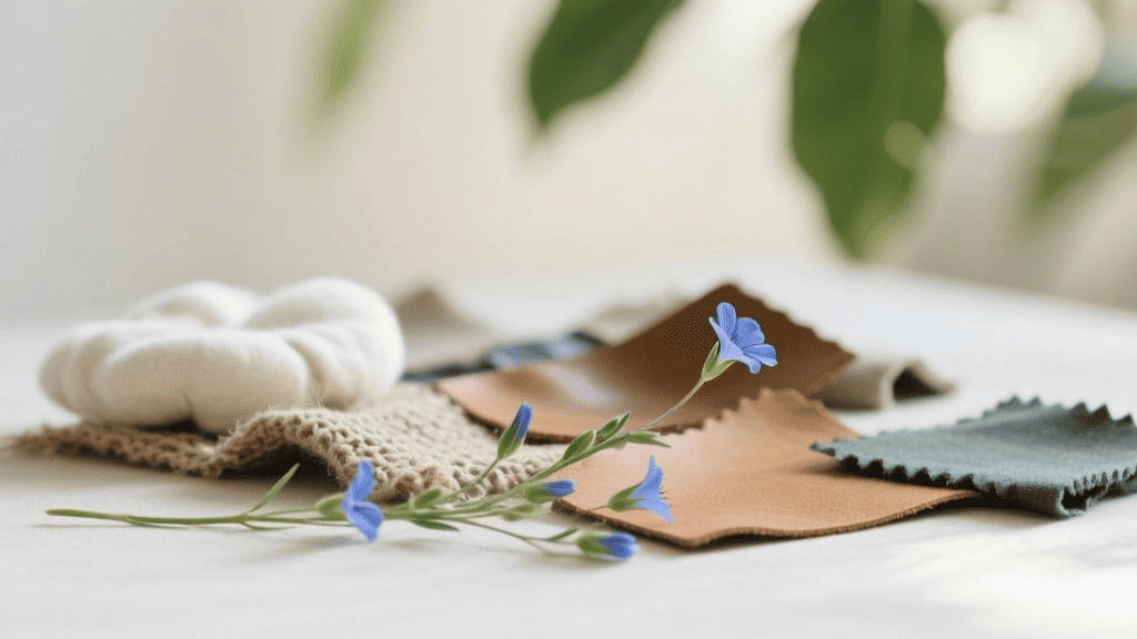 Классификация эко-текстиля: натуральные, переработанные и инновационные материалы Деликатная ветка льна с голубыми цветами. Разнообразные образцы эко-текстиля: органический хлопок, конопляная ткань, Piñatex и переработанный полиэстер. Размытый фон естественного света.